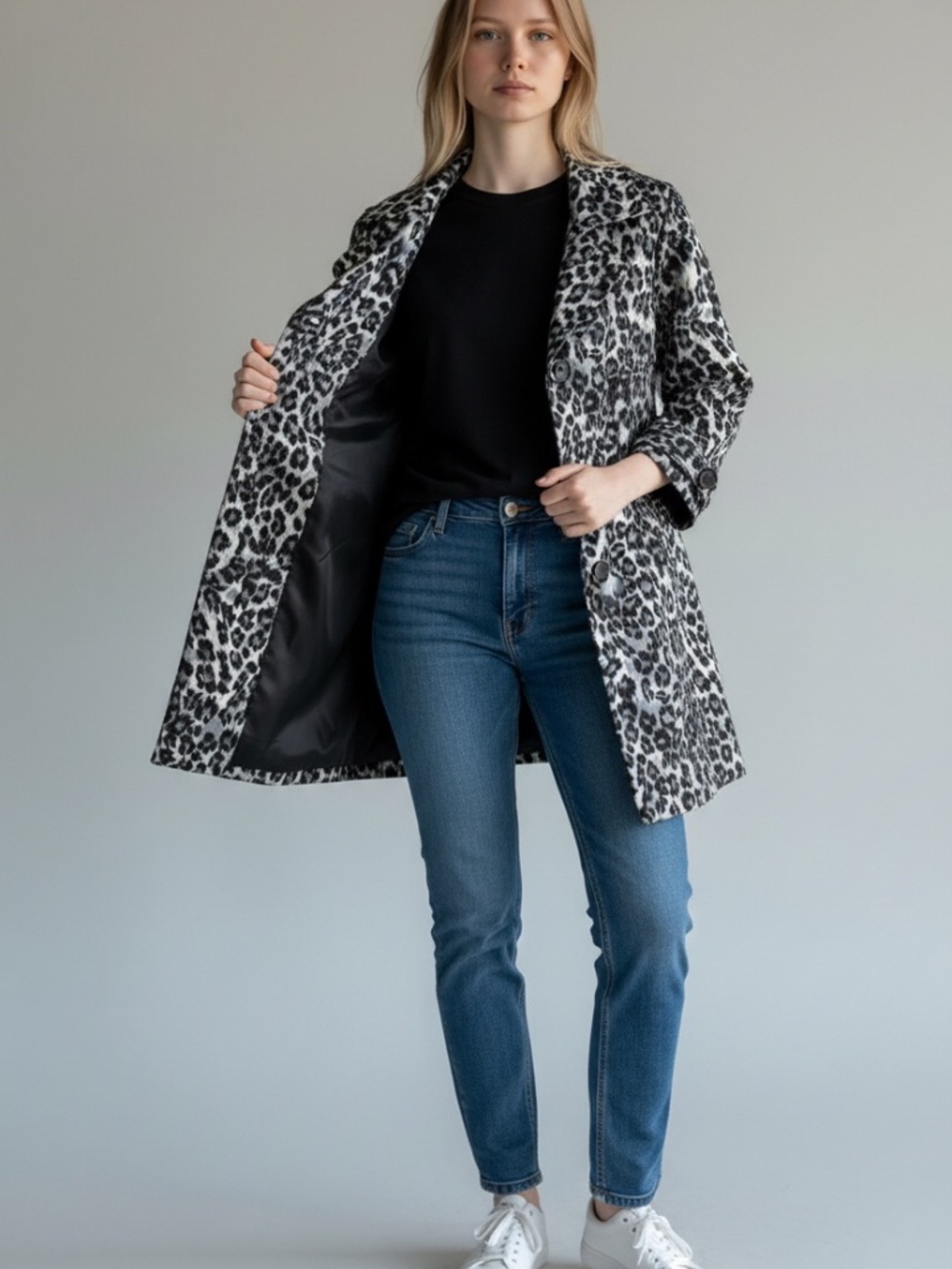 Forever 21 Snow Leopard Print Trench Coat Long Jacket Cheetah Animal Fall Winter - Picture 2 of 7